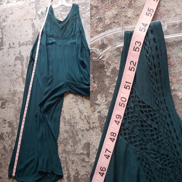 Anthropologie Elevenses Emerald Linen-Look Crochet Boho Wide Leg Pantsuit - Picture 7 of 16